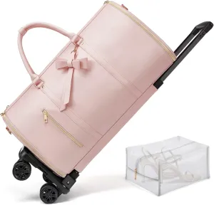 Rolling Garment Bags For Travel, Luxury Duffel Bag with Wheels,3-in-1 Suit Luggage Bag for Women Business Trip & Travel With Shoe Pouch, Foldable PU Leather Carry On Garment Bag, Pink