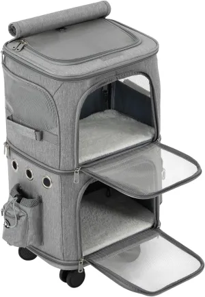 Rolling Pet Carrier for 2 Pets,Double-Compartment Pet Rolling Carrier with Wheels for 2 Pets,for Up to 22 LBS,Super Ventilated Design,Ideal for Traveling/Hiking/Camping (Grey)