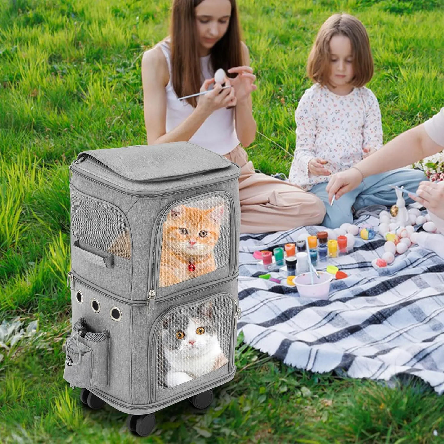 Rolling Pet Carrier for 2 Pets,Double-Compartment Pet Rolling Carrier with Wheels for 2 Pets,for Up to 22 LBS,Super Ventilated Design,Ideal for Traveling/Hiking/Camping (Grey)
