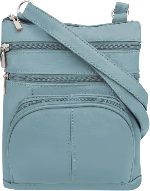 Roma Leathers' Cross Body Purse - Premium Light Blue Colored Cowhide Leather - Multi Zippered Pockets - Front Organizer Pocket With Credit Card Slots - Adjustable Shoulder Strap - Designed in U.S.A.