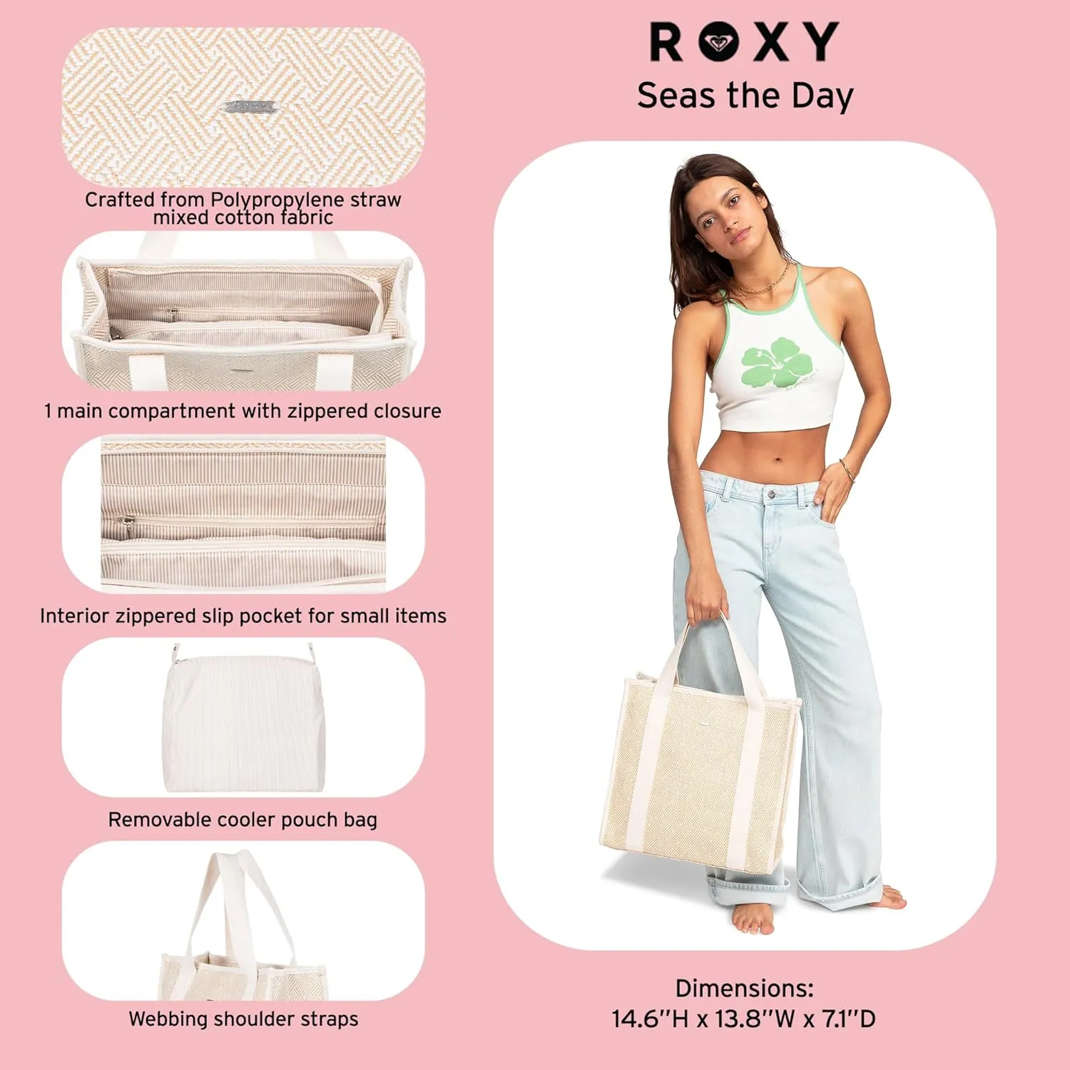 Roxy Women's Cotton Tote Bag | Everyday Carry | Beach | Travel | Vacation | Reusable | Lightweight
