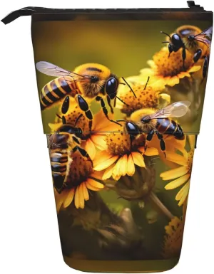 Rural Honey Bees flowers print Vertical retractable pencil case, Storage bag, fit for office travel and daily carrying