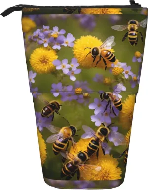 Rural Honey Bees Wildflowers print Vertical retractable pencil case, Storage bag, fit for office travel and daily carrying