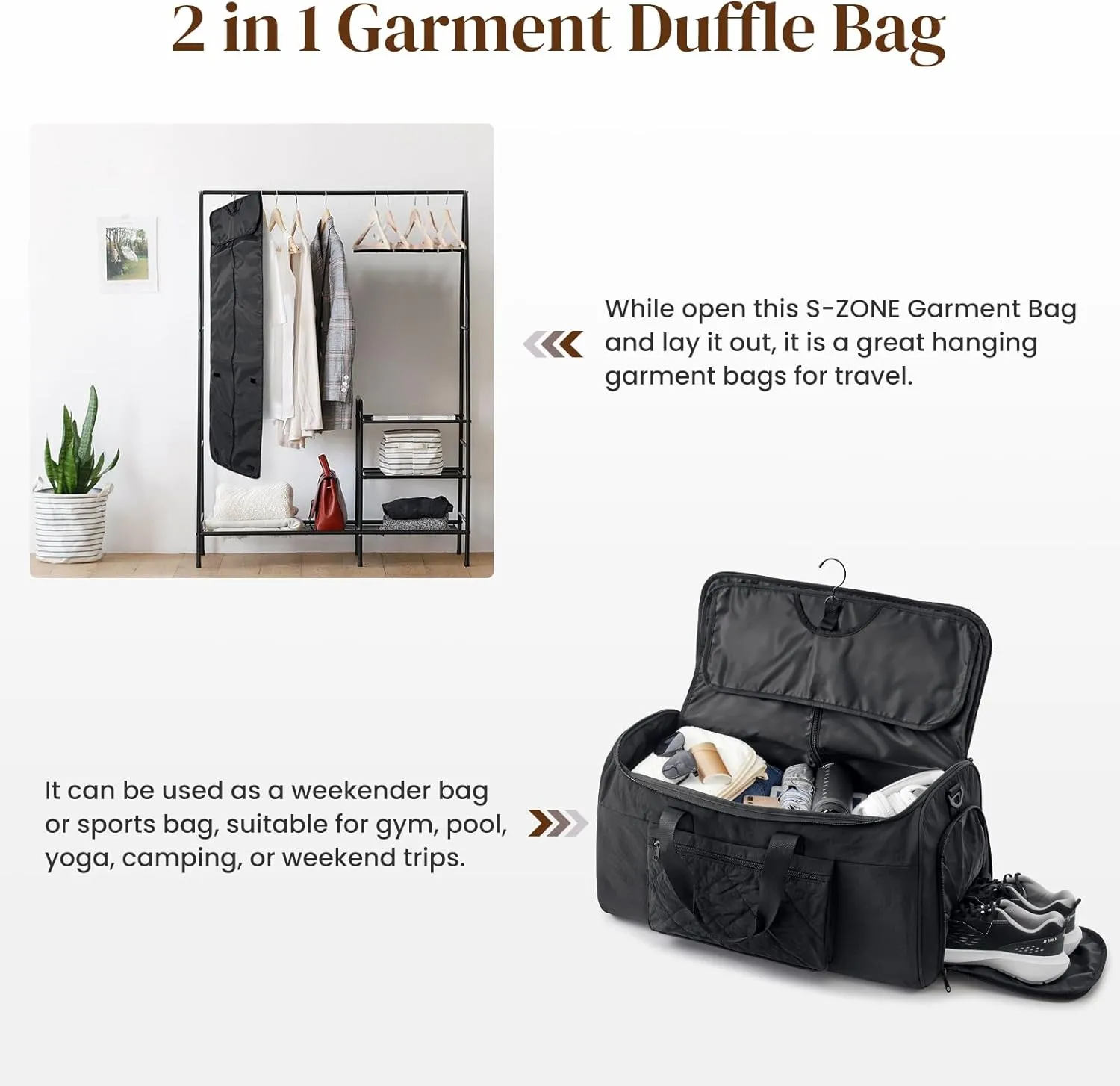 S-ZONE Garment Duffle Bags for Travel Carry on Convertible 2 in 1 Suit Bags Hanging Suitcase with Toiletry Bag 50L