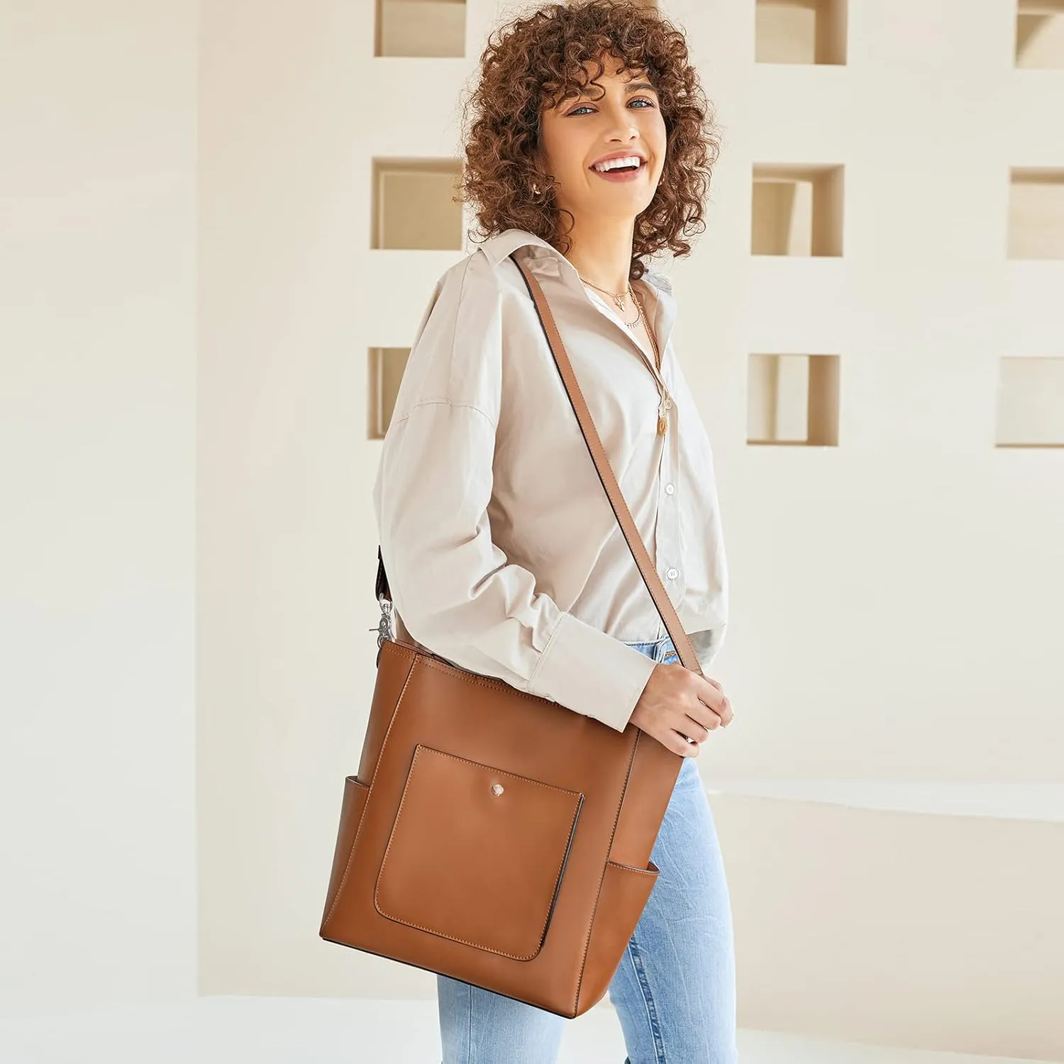 S-ZONE Genuine Leather Handbags Purses for Women with Inner Pouch Tote Bag Bucket Bags Crossbody Hobo Work Travel