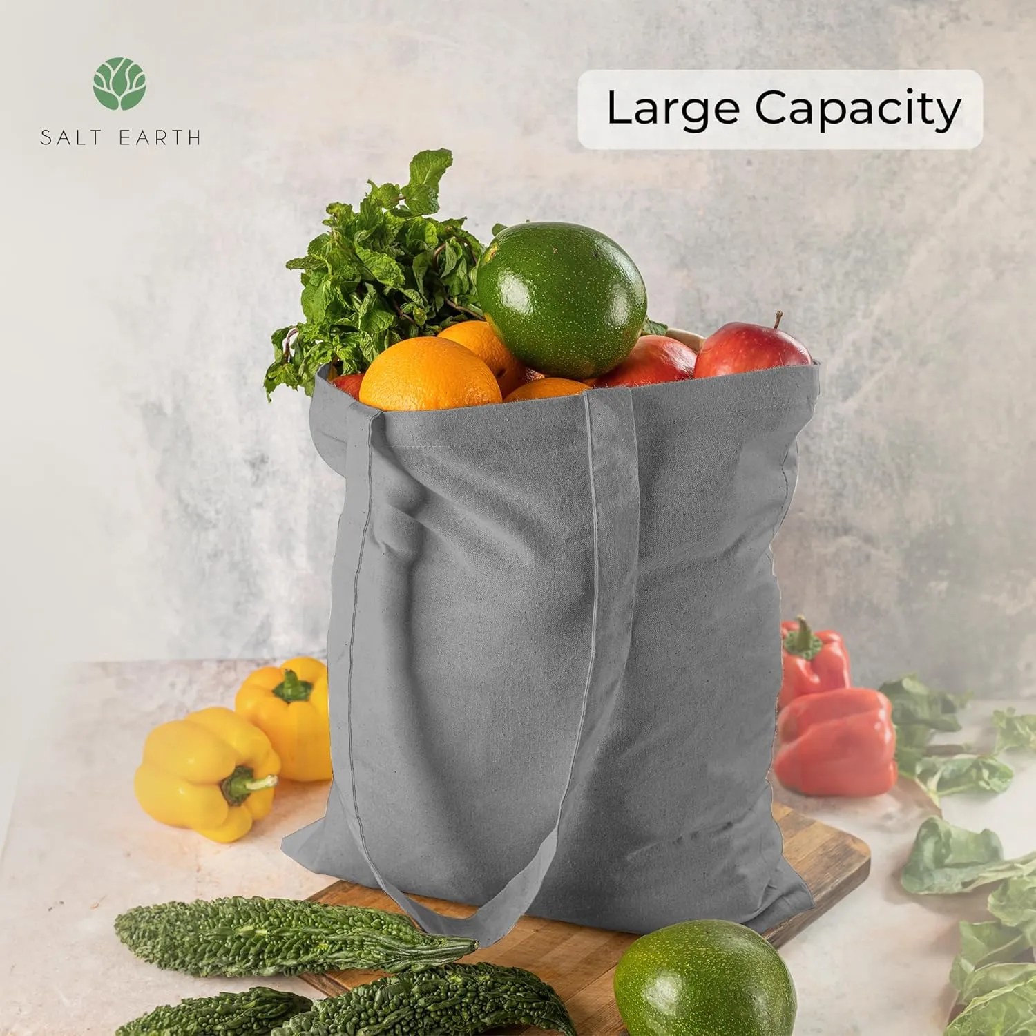 Salt Earth Pack of 5 | 6 | 12 | 24 | 48 – 100% Cotton Reusable Tote Bags – Bulk Grocery, Shopping, DIY, Beach & Gift Use