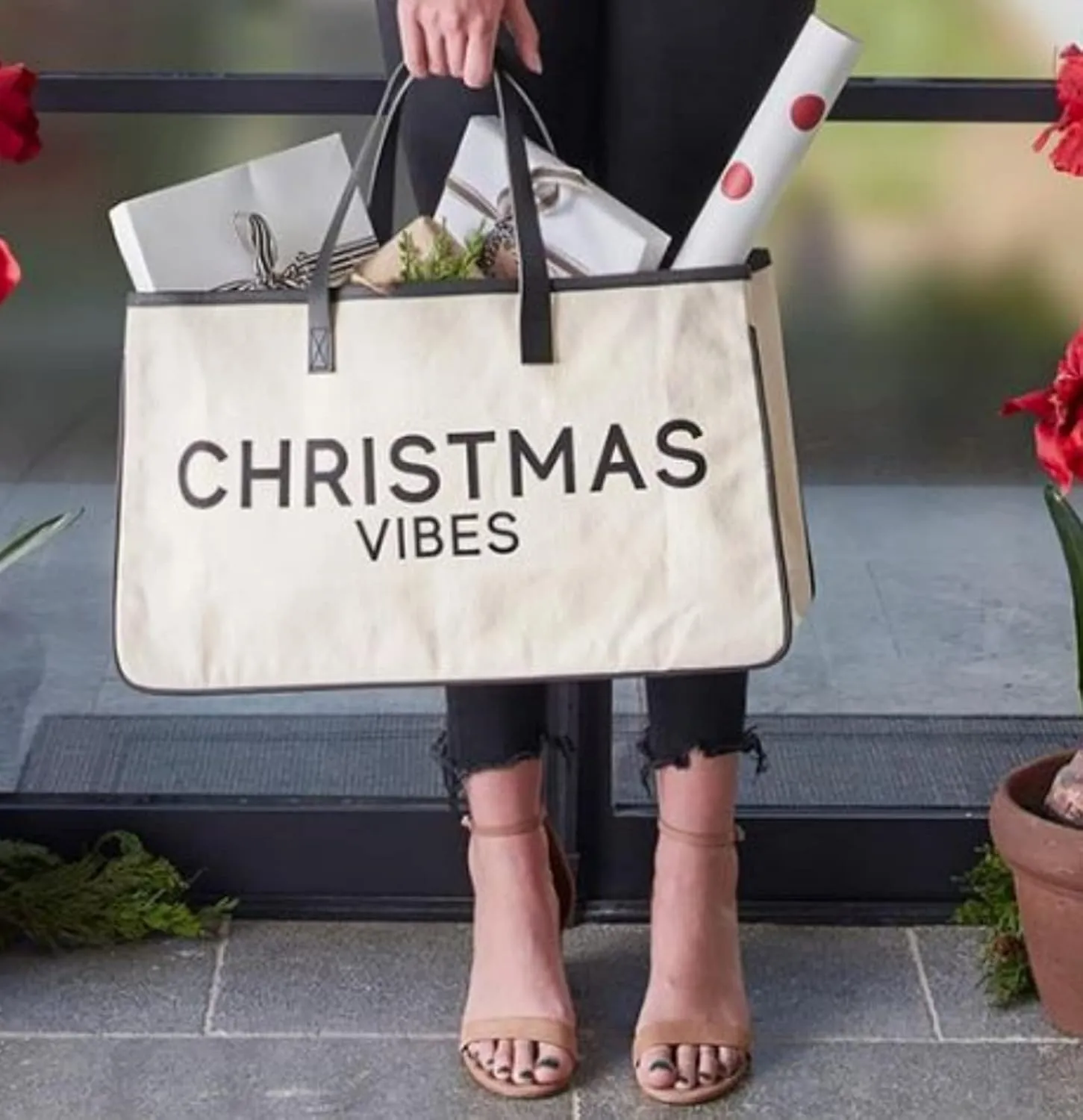 Santa Barbara Design Studio Tote Bag Holiday Collection Black and White 100% Cotton Canvas with Genuine Leather Handles