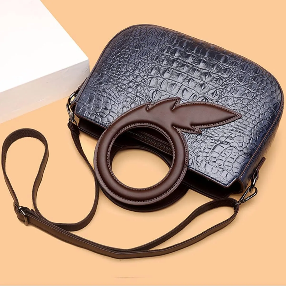 Satchel Bag for Women Crocodile-Embossed Pattern Handbag Ring Top Handle Shoulder Bag Embossed Leather Tote Purse
