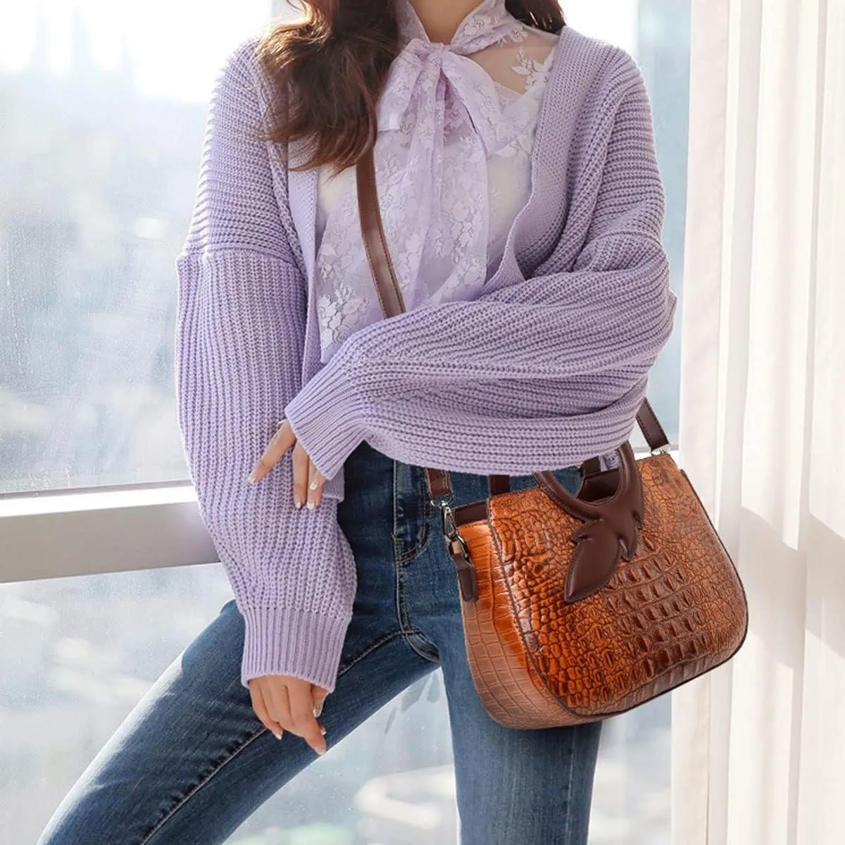 Satchel Bag for Women Crocodile-Embossed Pattern Handbag Ring Top Handle Shoulder Bag Embossed Leather Tote Purse