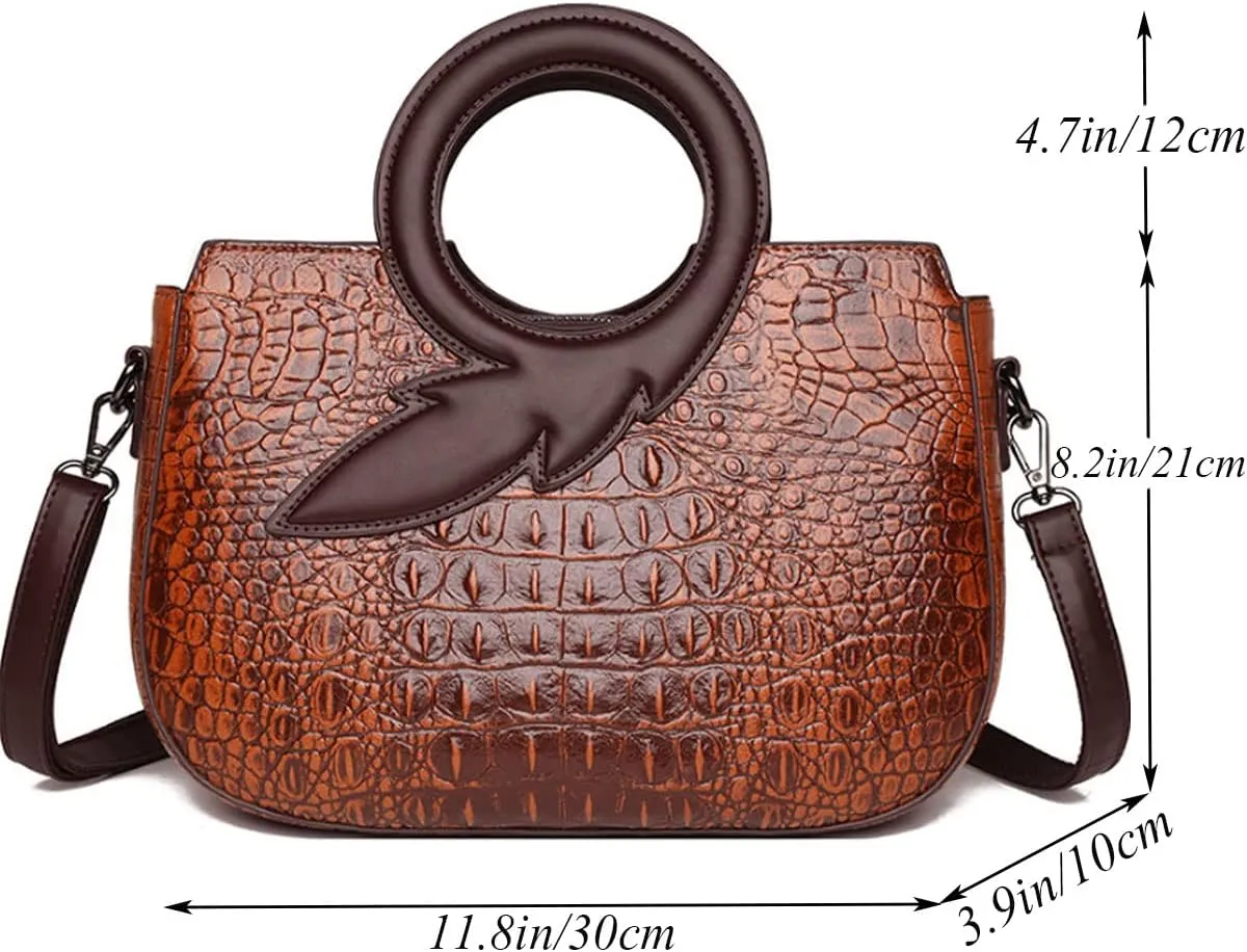 Satchel Bag for Women Crocodile-Embossed Pattern Handbag Ring Top Handle Shoulder Bag Embossed Leather Tote Purse