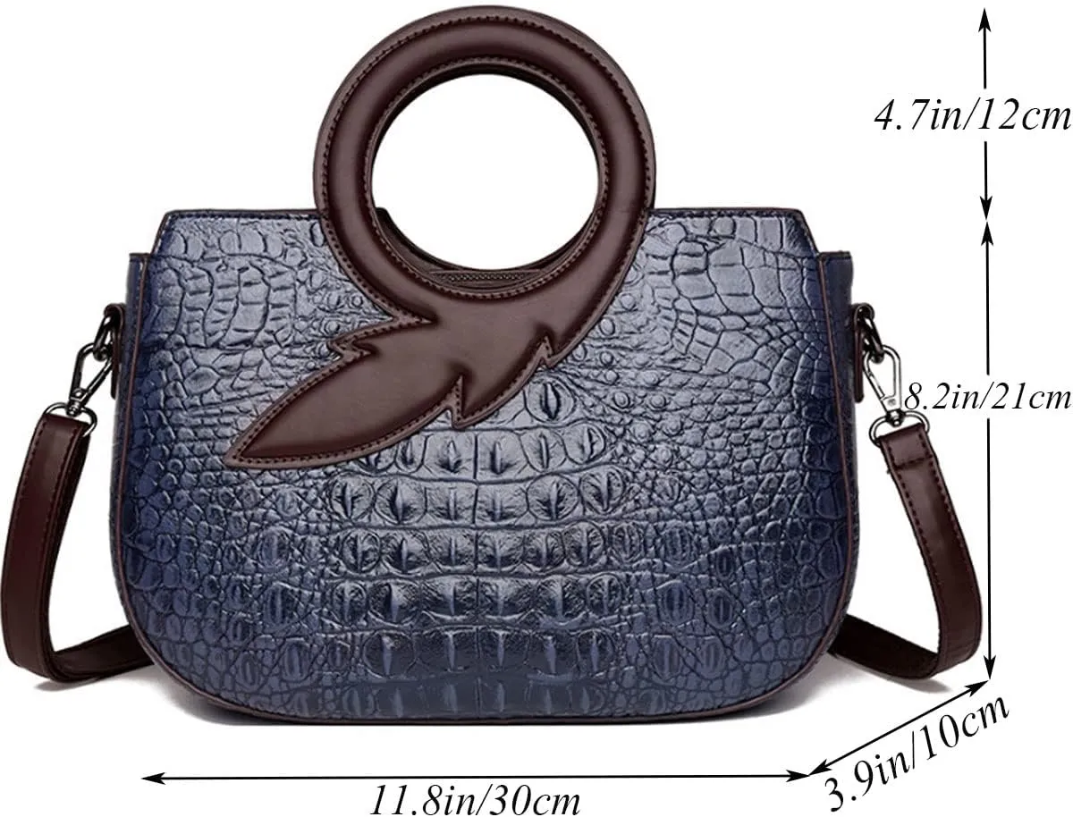Satchel Bag for Women Crocodile-Embossed Pattern Handbag Ring Top Handle Shoulder Bag Embossed Leather Tote Purse