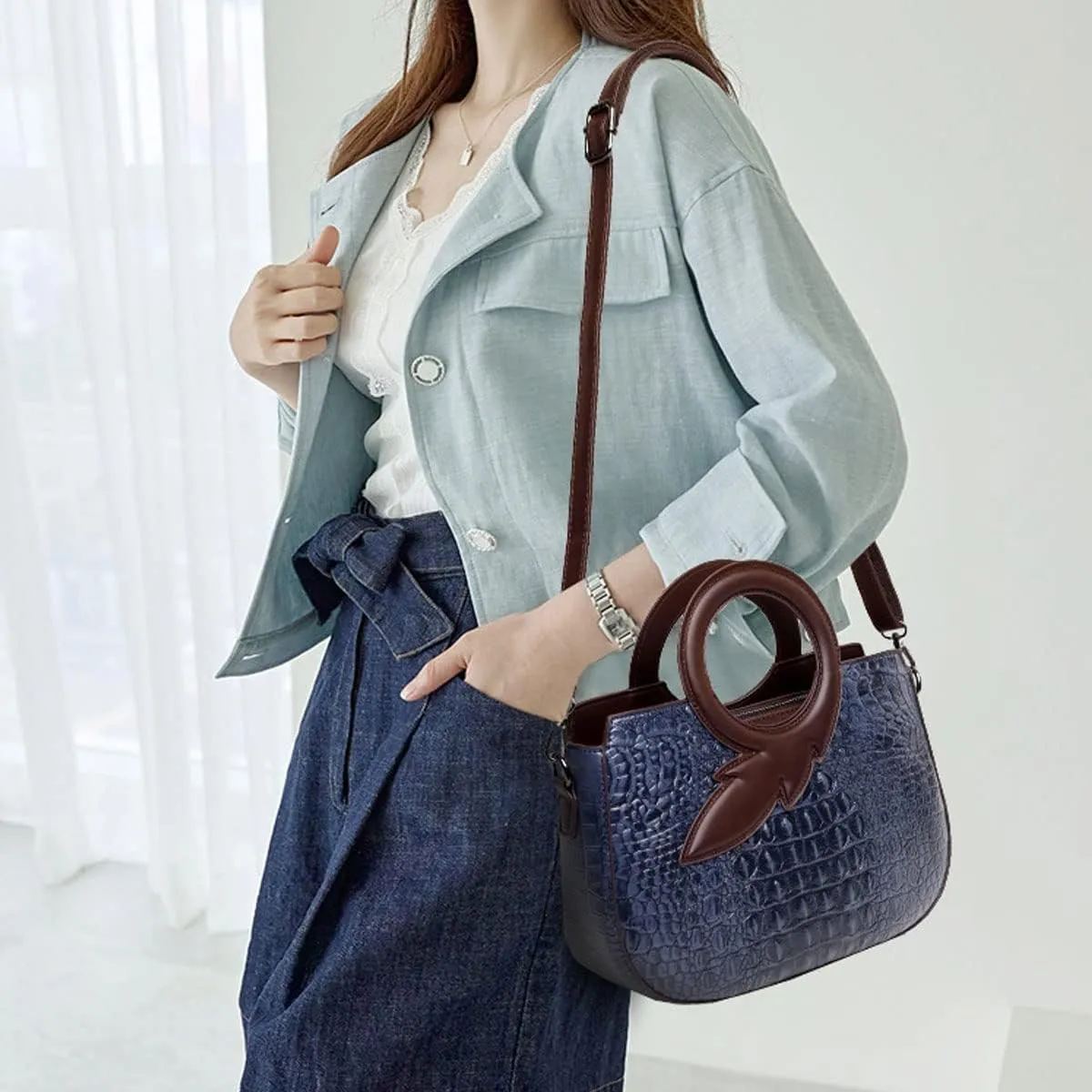 Satchel Bag for Women Crocodile-Embossed Pattern Handbag Ring Top Handle Shoulder Bag Embossed Leather Tote Purse
