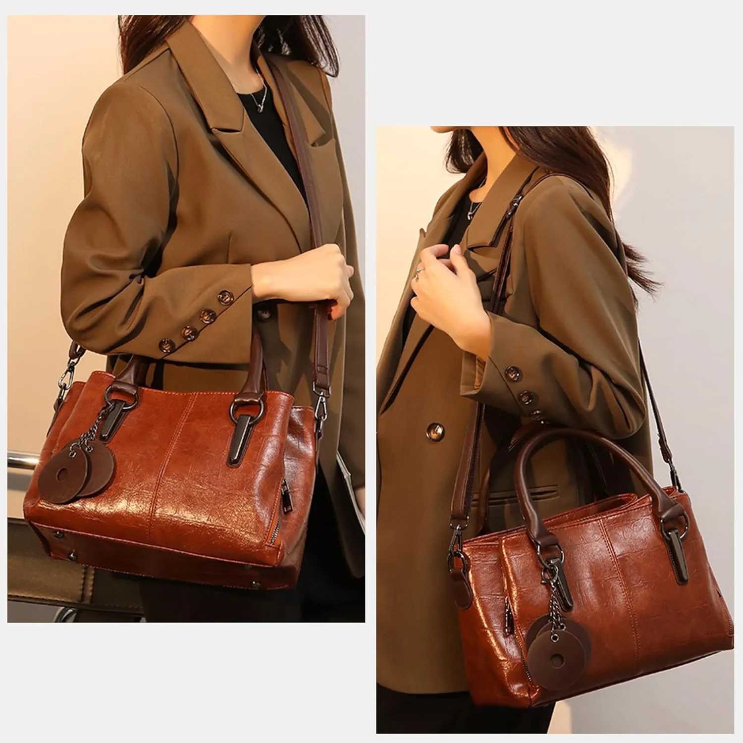 Satchel Handbags for Women Vegan Leather Tote Purses with Compartments Shoulder Crossbody Bags for Travel Work
