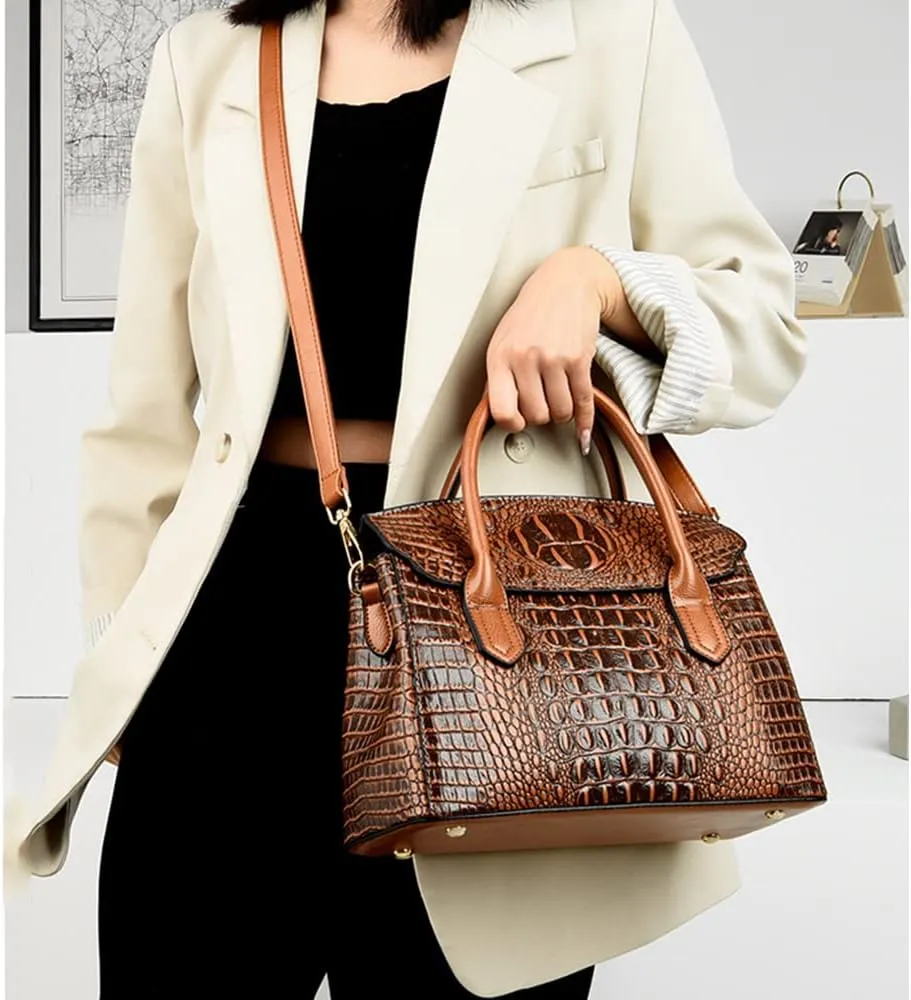 Satchel Tote Purse for Women Crocodile Pattern Embossed Top-handle Handbags Fuax Leather Shoulder Bag
