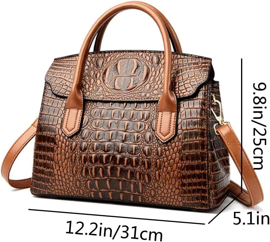 Satchel Tote Purse for Women Crocodile Pattern Embossed Top-handle Handbags Fuax Leather Shoulder Bag