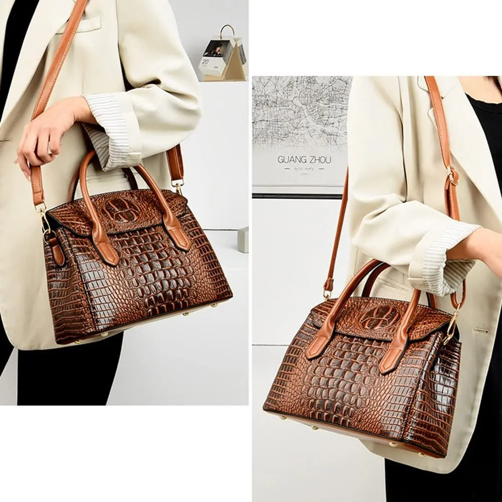 Satchel Tote Purse for Women Crocodile Pattern Embossed Top-handle Handbags Fuax Leather Shoulder Bag