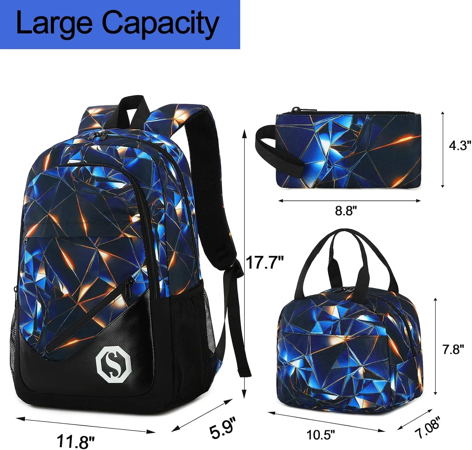 School Backpack for Boys Kids 3Pcs Teens Bookbag Elementary Backpacks Set with Lunch Box and Pencil Case
