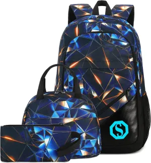 School Backpack for Boys Kids 3Pcs Teens Bookbag Elementary Backpacks Set with Lunch Box and Pencil Case