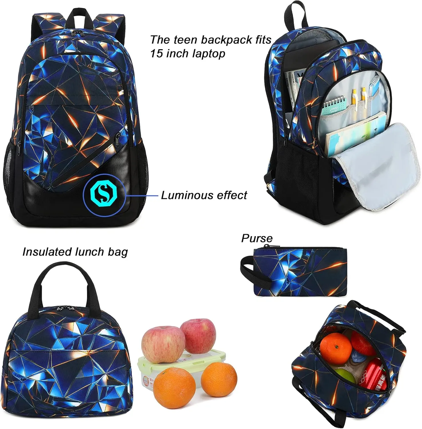 School Backpack for Boys Kids 3Pcs Teens Bookbag Elementary Backpacks Set with Lunch Box and Pencil Case