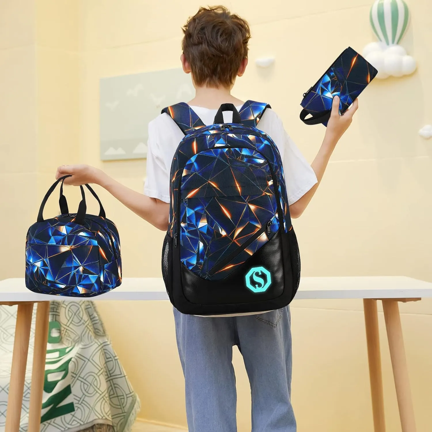 School Backpack for Boys Kids 3Pcs Teens Bookbag Elementary Backpacks Set with Lunch Box and Pencil Case
