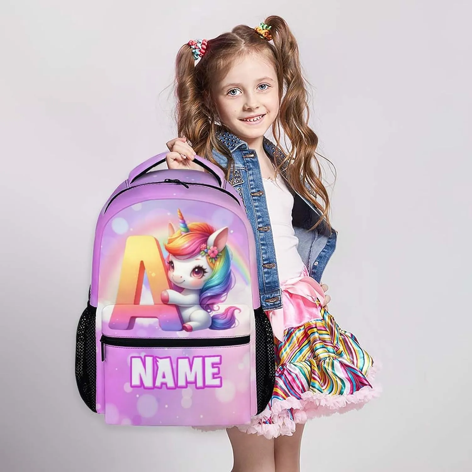 School Backpack for Girls, Custom Kids Backpacks with Initial Name, Personalized Unicorn Bookbag for Kindergarten Primary Elementary, 17 Inch Back to School Supplies for Kids 6-8