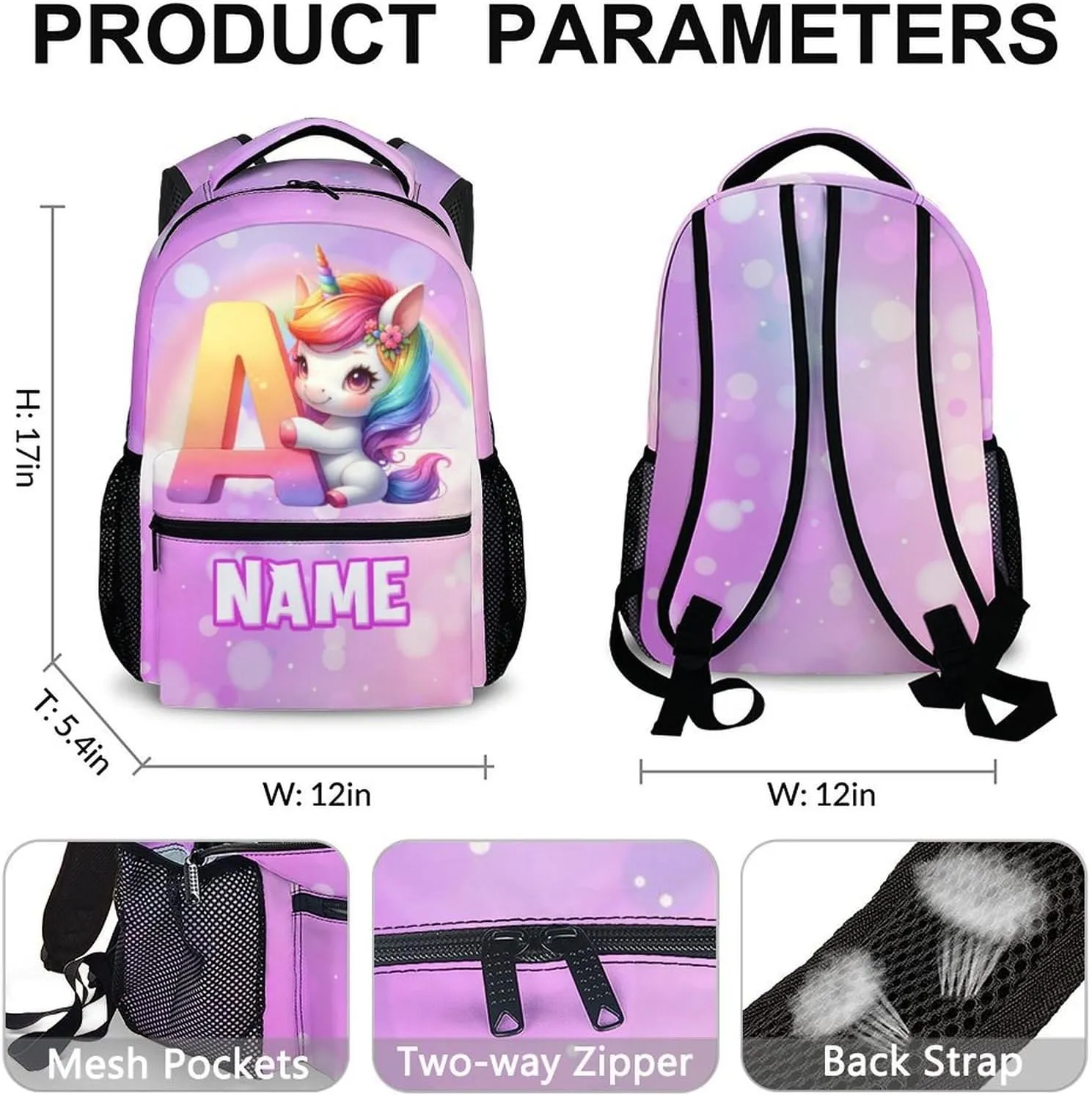 School Backpack for Girls, Custom Kids Backpacks with Initial Name, Personalized Unicorn Bookbag for Kindergarten Primary Elementary, 17 Inch Back to School Supplies for Kids 6-8