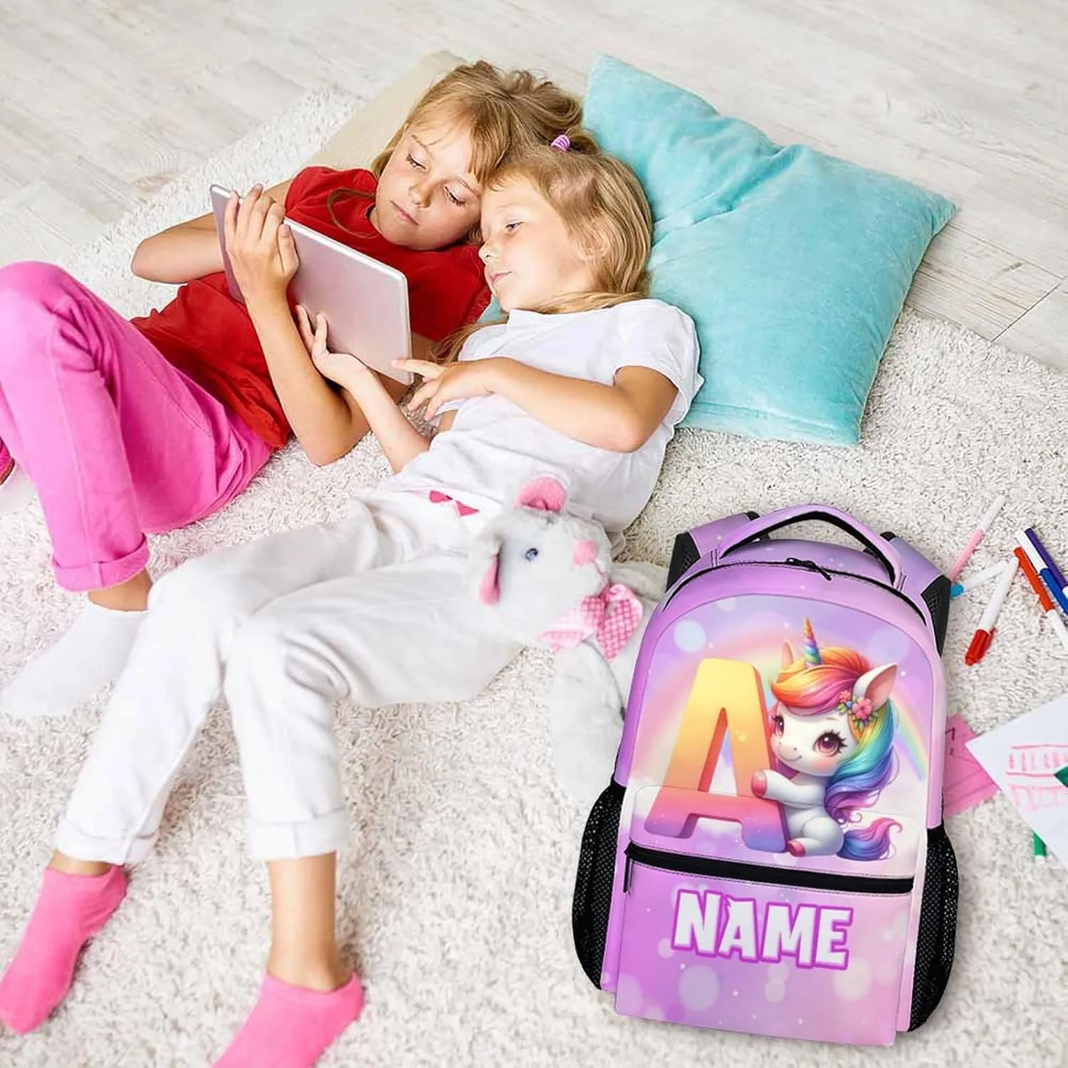School Backpack for Girls, Custom Kids Backpacks with Initial Name, Personalized Unicorn Bookbag for Kindergarten Primary Elementary, 17 Inch Back to School Supplies for Kids 6-8
