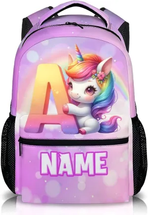 School Backpack for Girls, Custom Kids Backpacks with Initial Name, Personalized Unicorn Bookbag for Kindergarten Primary Elementary, 17 Inch Back to School Supplies for Kids 6-8