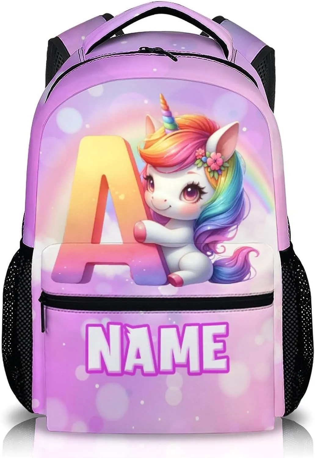 School Backpack for Girls, Custom Kids Backpacks with Initial Name, Personalized Unicorn Bookbag for Kindergarten Primary Elementary, 17 Inch Back to School Supplies for Kids 6-8
