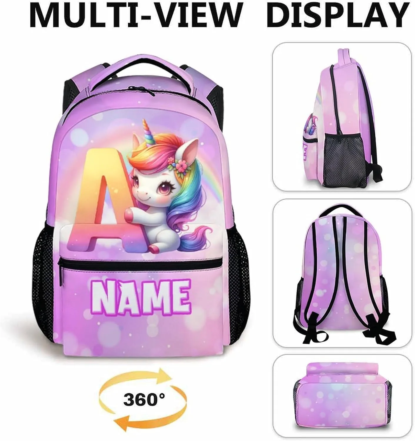 School Backpack for Girls, Custom Kids Backpacks with Initial Name, Personalized Unicorn Bookbag for Kindergarten Primary Elementary, 17 Inch Back to School Supplies for Kids 6-8