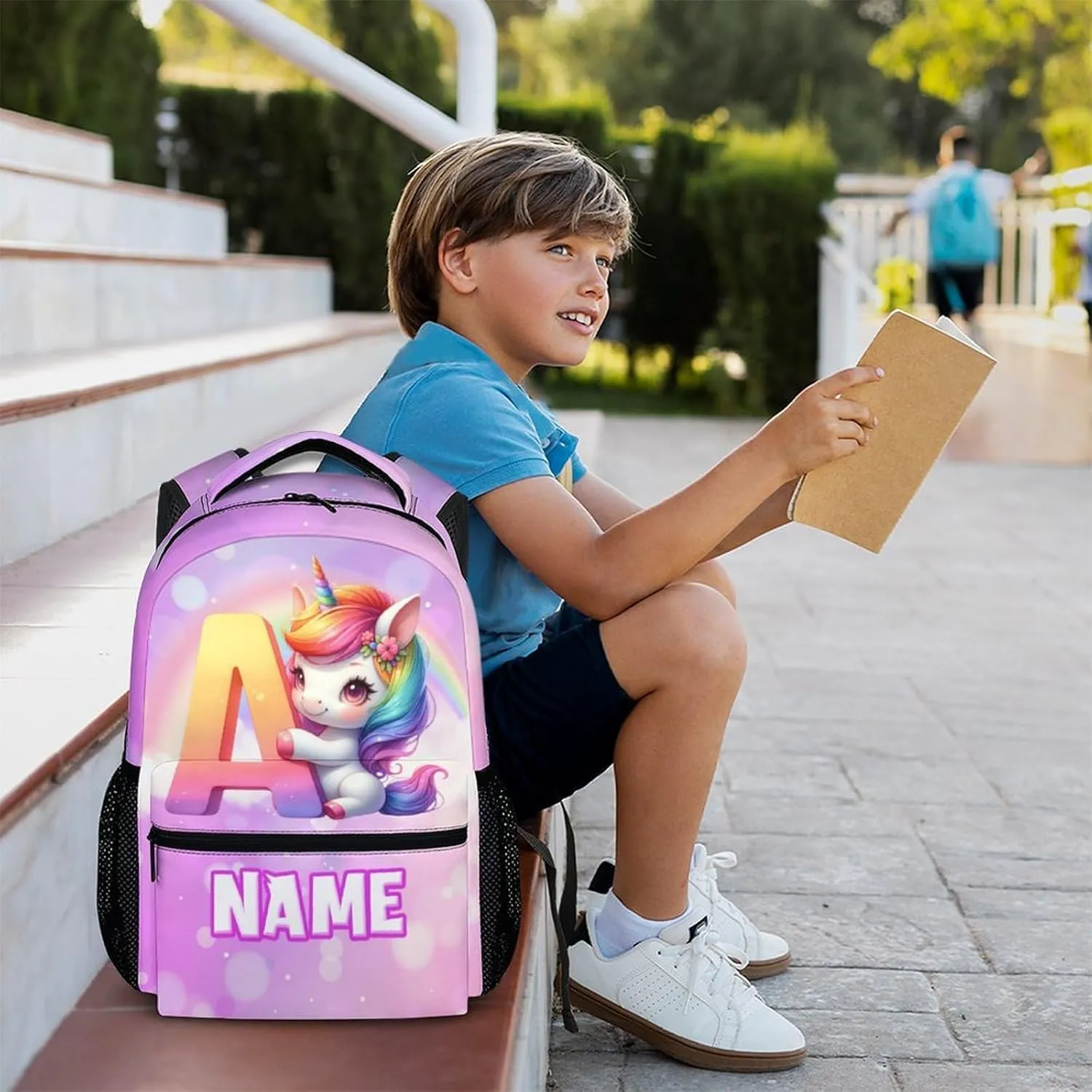 School Backpack for Girls, Custom Kids Backpacks with Initial Name, Personalized Unicorn Bookbag for Kindergarten Primary Elementary, 17 Inch Back to School Supplies for Kids 6-8