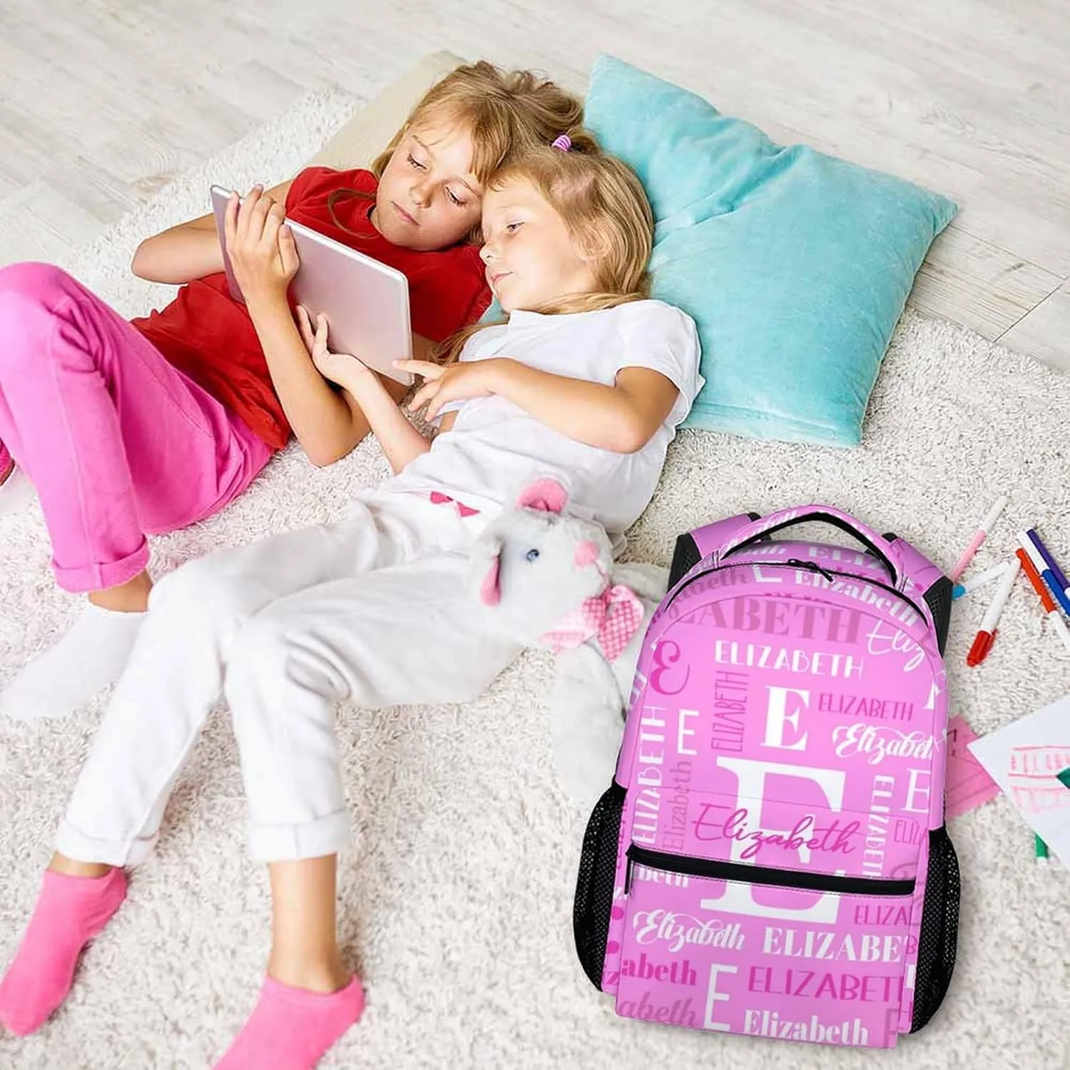 School Backpacks for Kids, Custom Teens Girls Backpack, Personalized Name Pink Bookbag for Students Children, 17 Inch School Bag with Shoulder for Primary Middle School