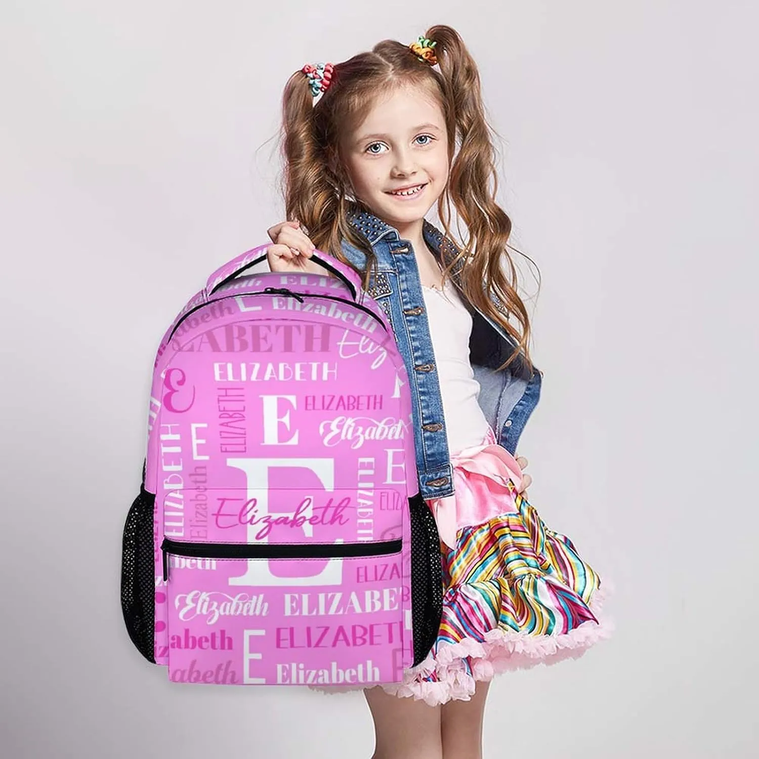 School Backpacks for Kids, Custom Teens Girls Backpack, Personalized Name Pink Bookbag for Students Children, 17 Inch School Bag with Shoulder for Primary Middle School