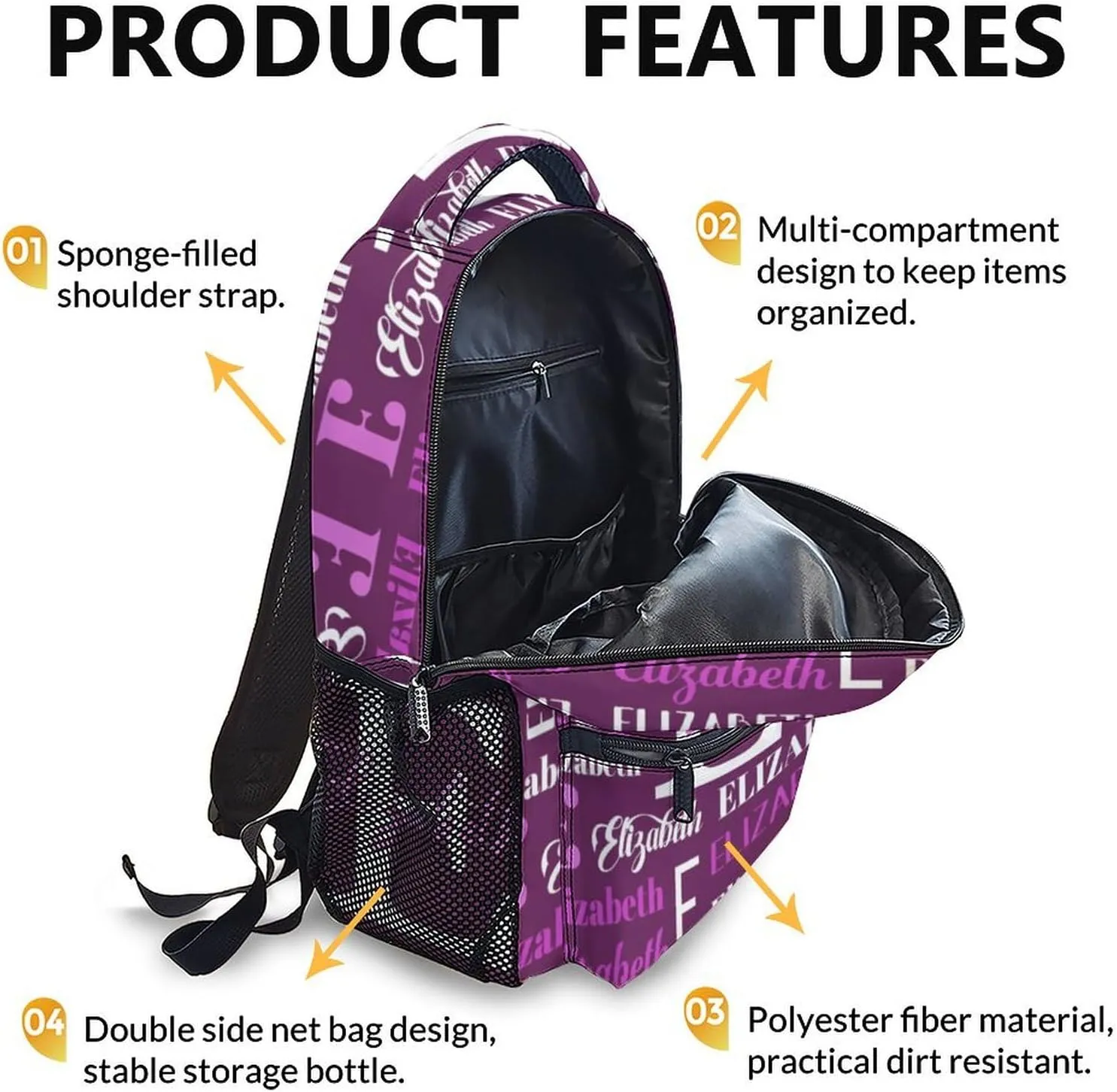 School Backpacks for Kids Girls, Custom Name School Backpack for Travel, Hiking, Casual Black Lightweight Bookbag, 17 Inch Schoolbag for Elementary Middle School