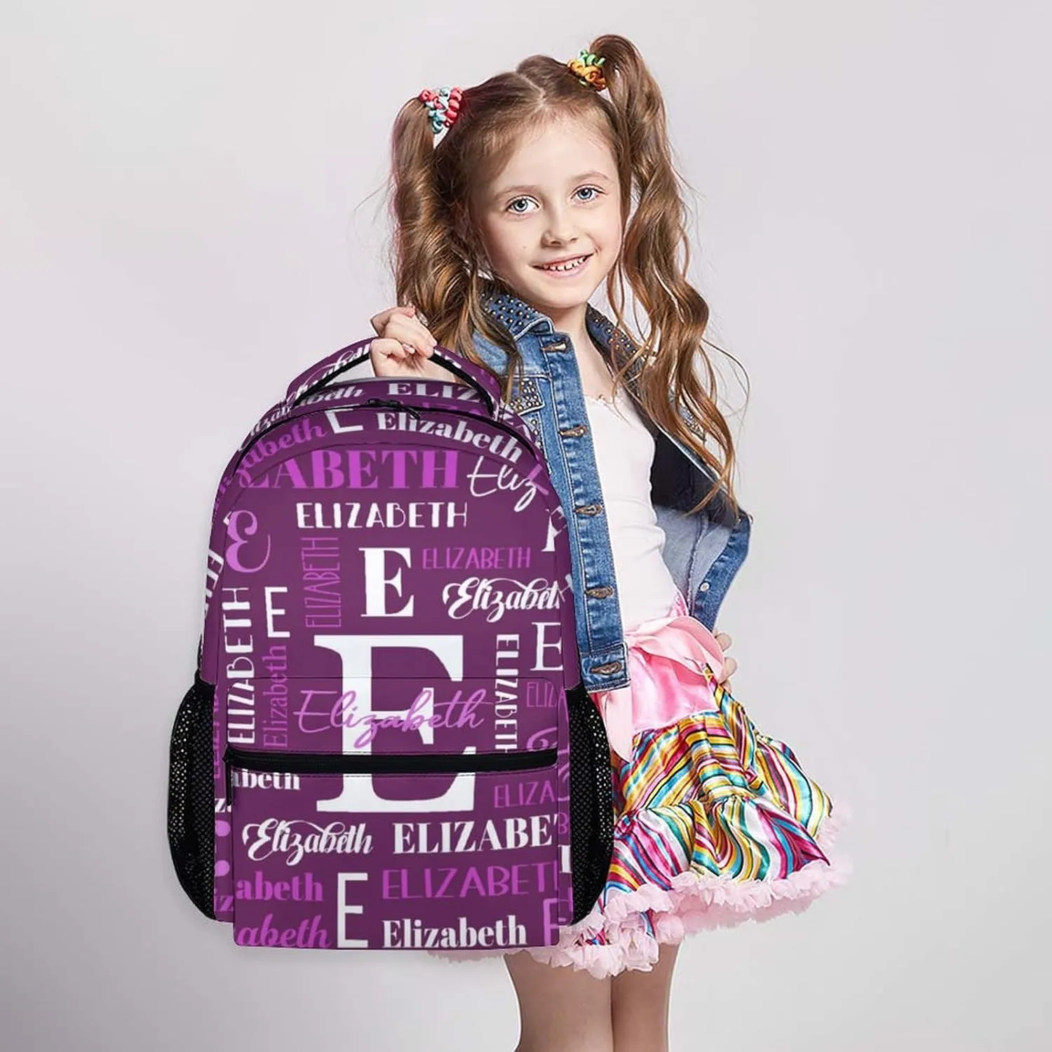 School Backpacks for Kids Girls, Custom Name School Backpack for Travel, Hiking, Casual Black Lightweight Bookbag, 17 Inch Schoolbag for Elementary Middle School