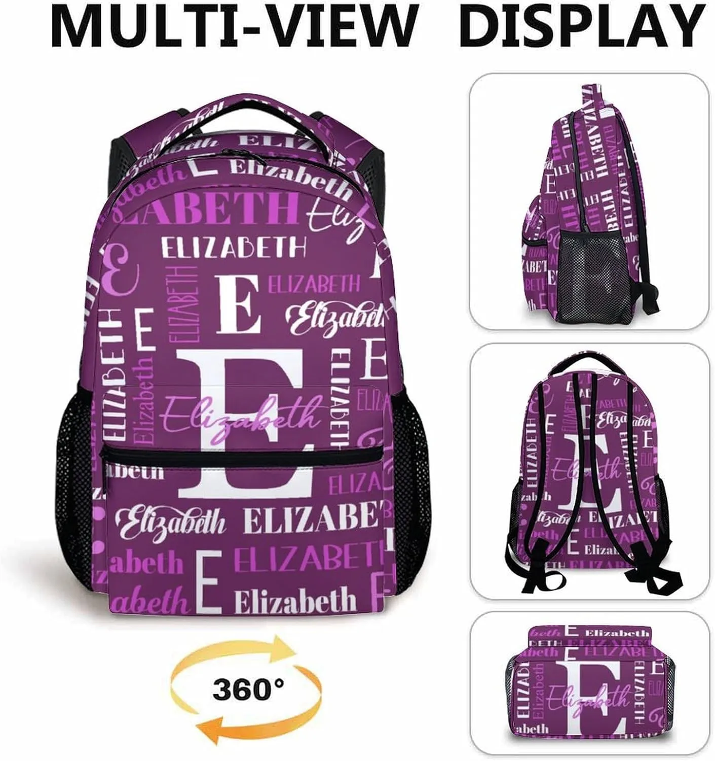 School Backpacks for Kids Girls, Custom Name School Backpack for Travel, Hiking, Casual Black Lightweight Bookbag, 17 Inch Schoolbag for Elementary Middle School