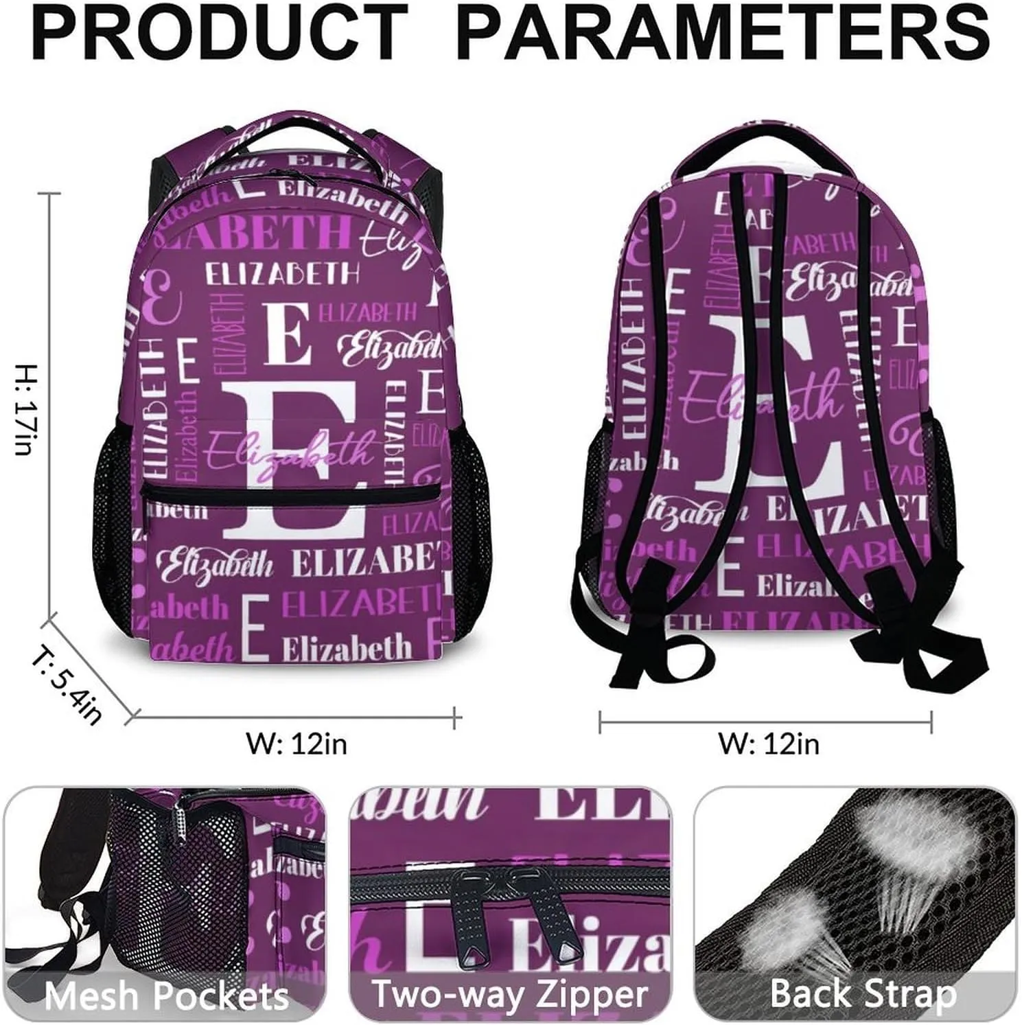 School Backpacks for Kids Girls, Custom Name School Backpack for Travel, Hiking, Casual Black Lightweight Bookbag, 17 Inch Schoolbag for Elementary Middle School
