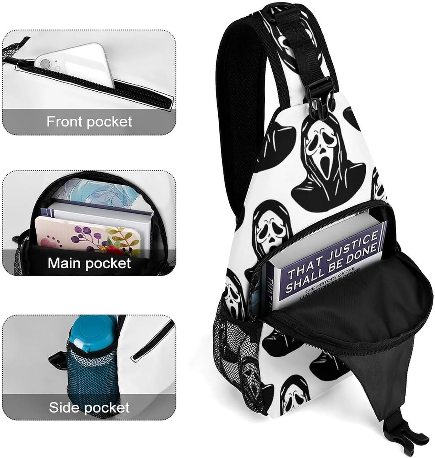 Scream Halloween Sling Bag Crossbody for Women Men Lightweight Adjustable Extender Strap Funny Ghost Devil Shoulder Backpack with Water Bottle Holder Casual Daypack for Hiking Travel