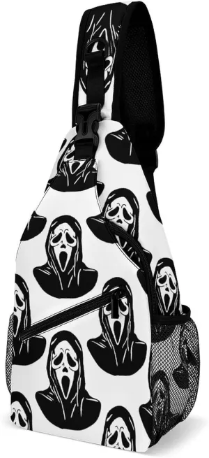 Scream Halloween Sling Bag Crossbody for Women Men Lightweight Adjustable Extender Strap Funny Ghost Devil Shoulder Backpack with Water Bottle Holder Casual Daypack for Hiking Travel