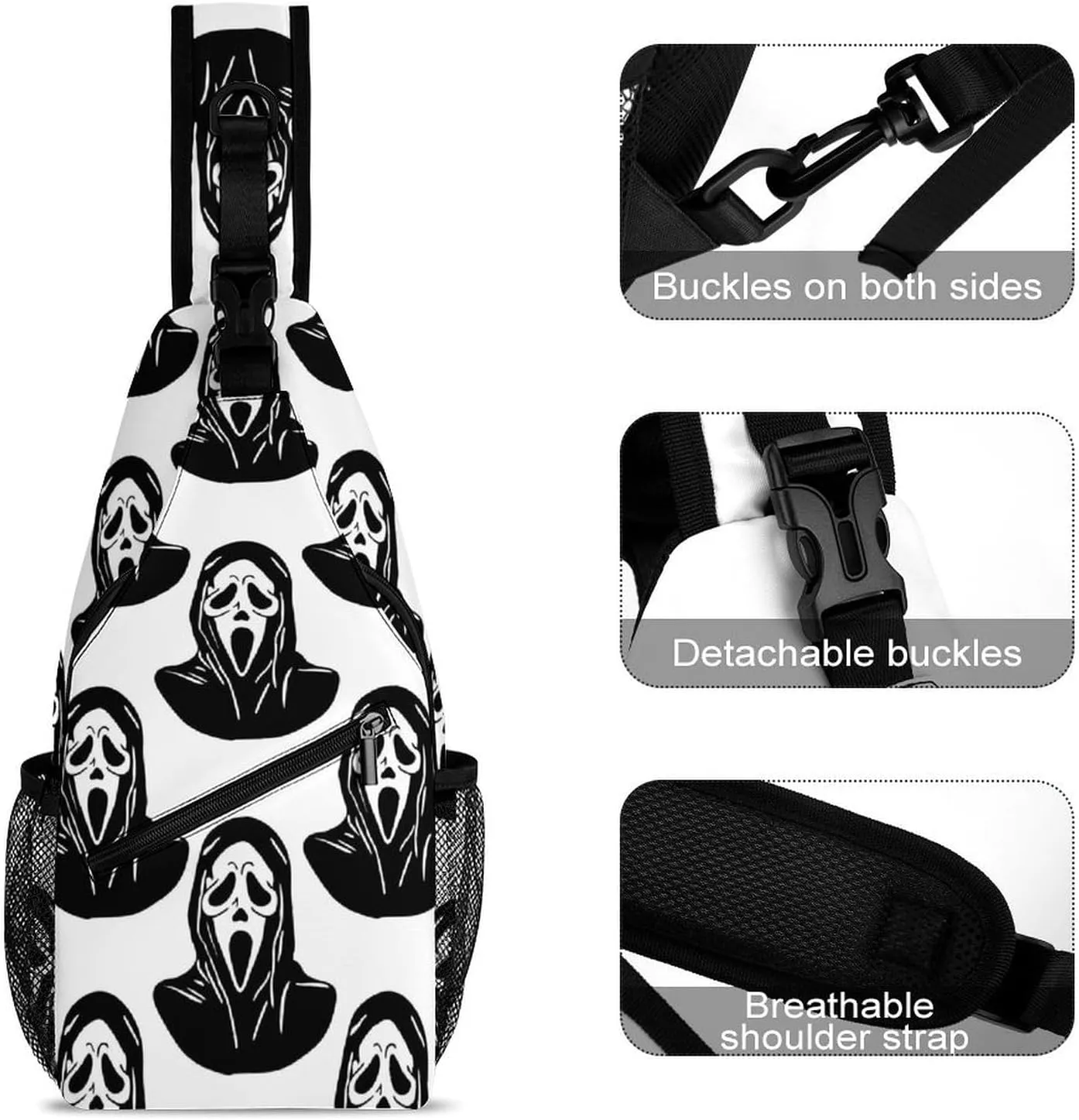 Scream Halloween Sling Bag Crossbody for Women Men Lightweight Adjustable Extender Strap Funny Ghost Devil Shoulder Backpack with Water Bottle Holder Casual Daypack for Hiking Travel
