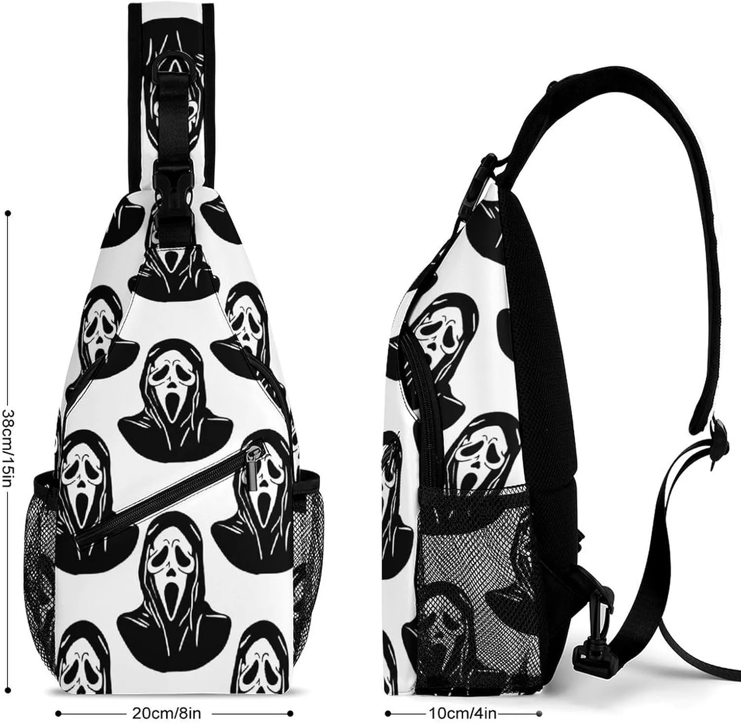Scream Halloween Sling Bag Crossbody for Women Men Lightweight Adjustable Extender Strap Funny Ghost Devil Shoulder Backpack with Water Bottle Holder Casual Daypack for Hiking Travel