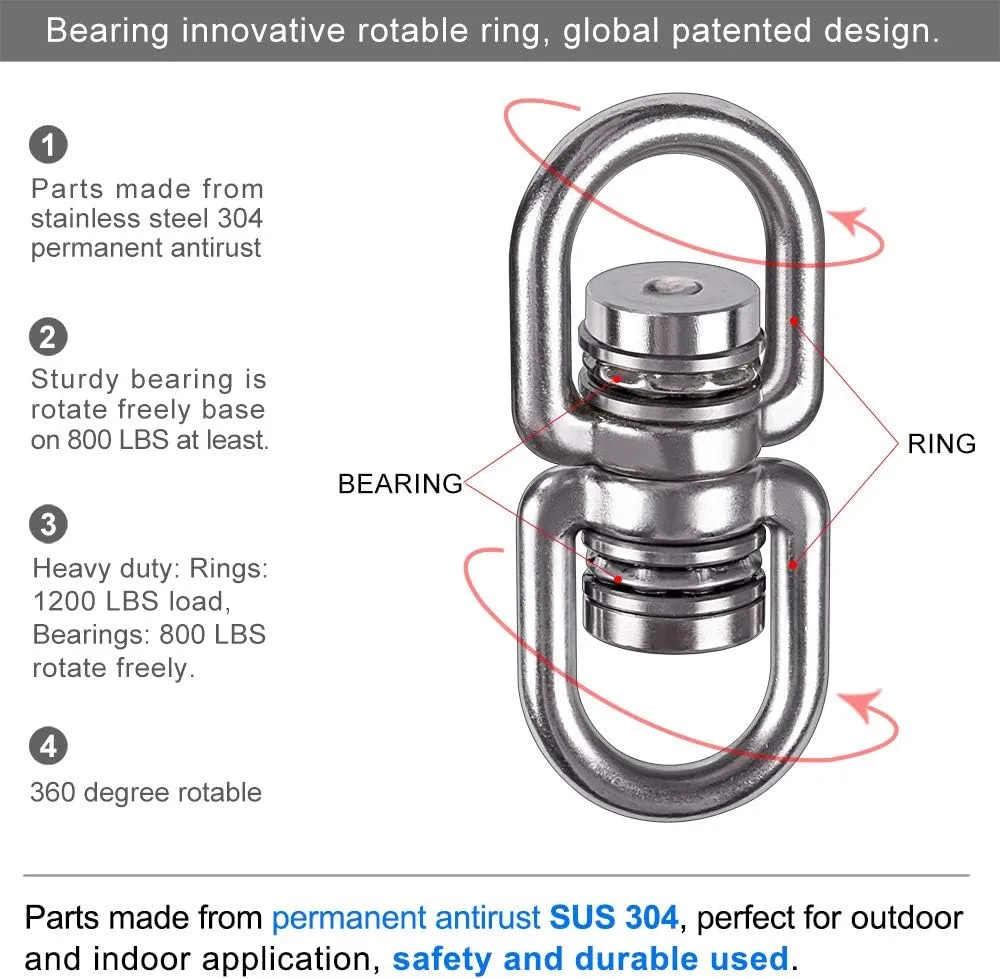 SELEWARE Heavy Duty Bearing Swing Swivel, 360° Rotational Hanging Accessory with 2 Quick Connect Buckles, Ideal for Tree Swing, Hammock Chair, Yoga, Kids Tire Swivel, Heavy Bag Swivel, 1200LB Capacity