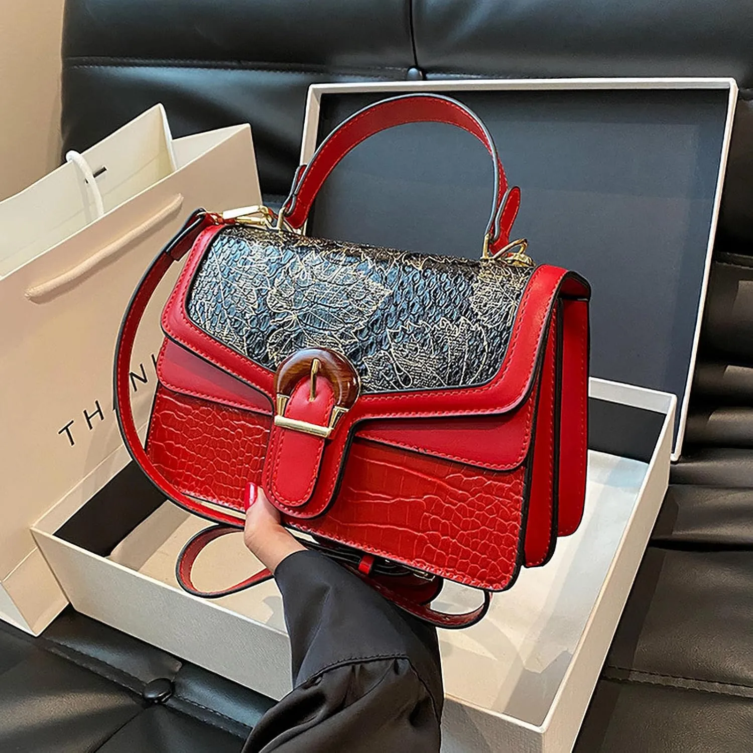 Serpentine Print Ladies Luxury Leather Top Handling Satchel Tote Retro Travel Party PU Stylish Shoulder Bag