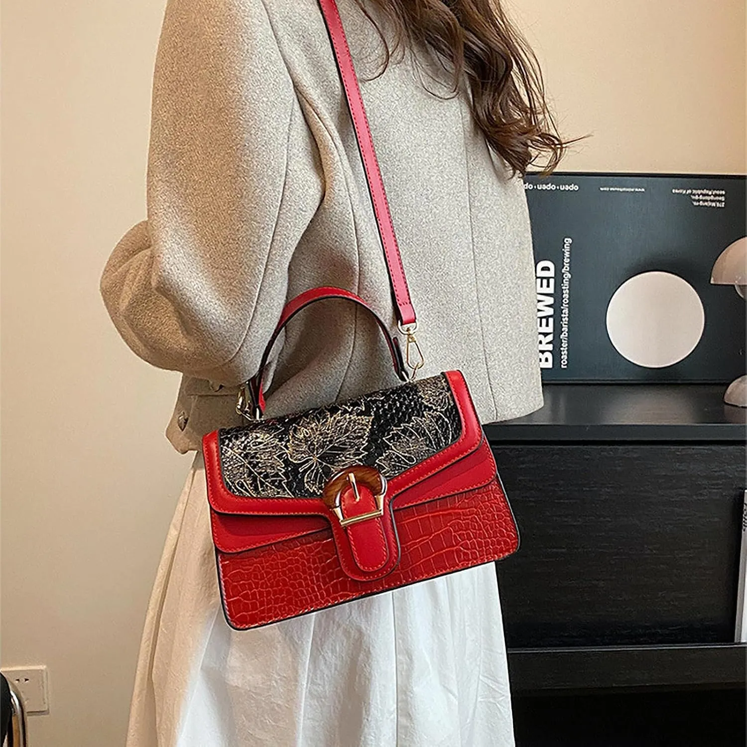 Serpentine Print Ladies Luxury Leather Top Handling Satchel Tote Retro Travel Party PU Stylish Shoulder Bag