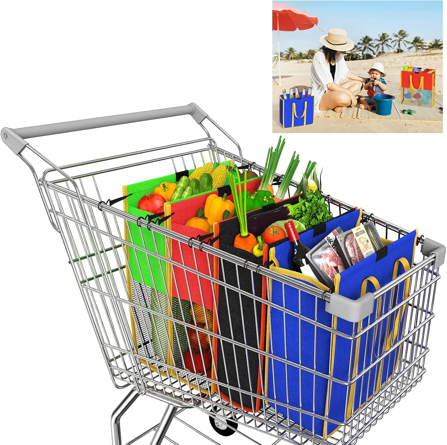 Set of 4Tote Bag Reusable. W/Lrg Club Cart Bag Grocery Bags Reusable Trolley for Grocery Cart. Grocery Tote Bag Trolley Bags for Shopping (Blue. Green. Red. black)