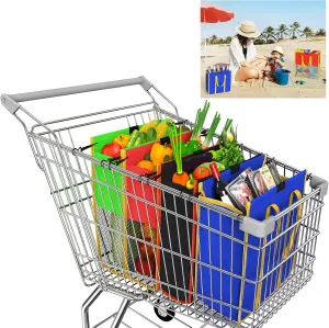 Set of 4Tote Bag Reusable. W/Lrg Club Cart Bag Grocery Bags Reusable Trolley for Grocery Cart. Grocery Tote Bag Trolley Bags for Shopping (Blue. Green. Red. black)