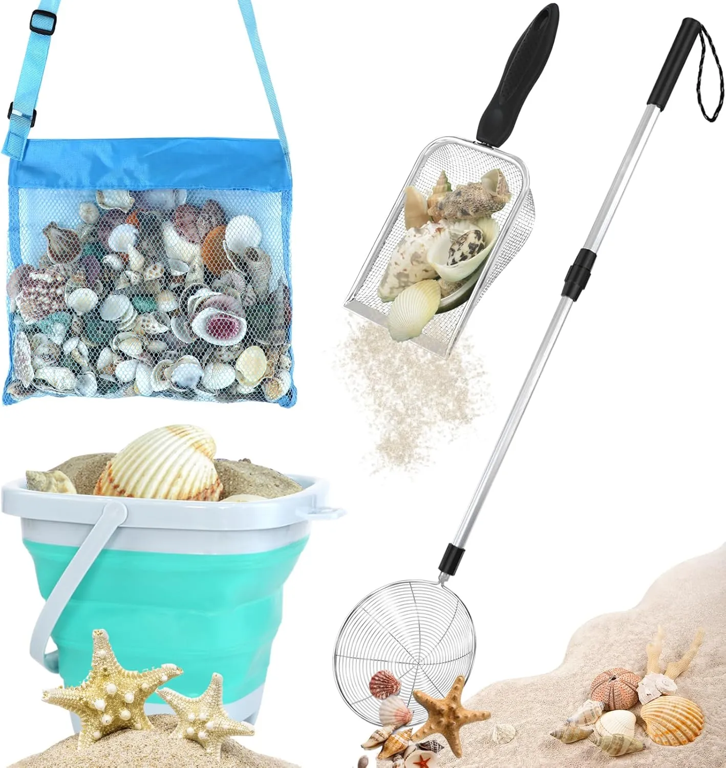 Shark Tooth Sifter, Beach Sand Sifter, Sea Shell Scooper for Beach, Shell Bags&Foldable Bucket, Sand Beach Toys for Kids 6 8 10 12, Medium, Blue