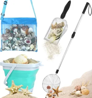 Shark Tooth Sifter, Beach Sand Sifter, Sea Shell Scooper for Beach, Shell Bags&Foldable Bucket, Sand Beach Toys for Kids 6 8 10 12, Medium, Blue