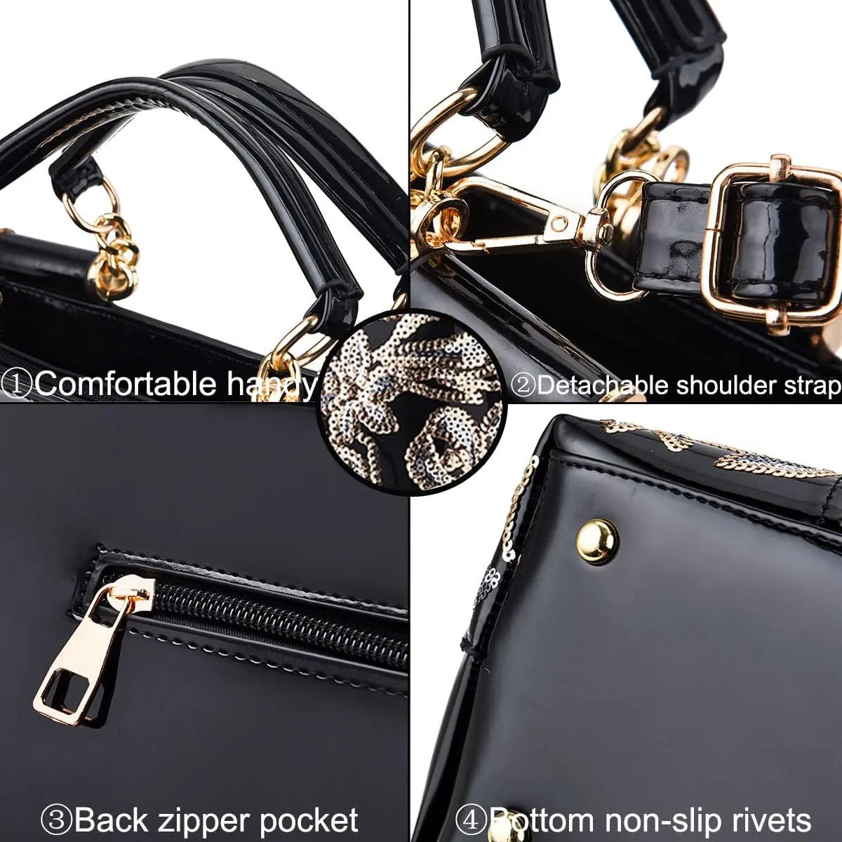 Shiny Patent Women PU Leather Handbags Embroidery Shoulder Bags Fashion Satchel Purses Top Handle Bags