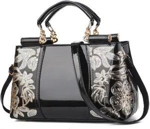 Shiny Patent Women PU Leather Handbags Embroidery Shoulder Bags Fashion Satchel Purses Top Handle Bags